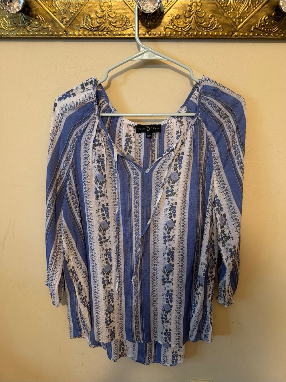 Fred David Blue White Floral Peasant Blouse Boho Top Size Large